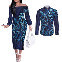 New Zealand Connecting with Seas Couples Matching Off The Shoulder Long Sleeve Dress and Long Sleeve Button Shirt Maori Tribal and Sea Animals Tattoo - Sea Texture Glass Style LT03 Navy - Polynesian Pride