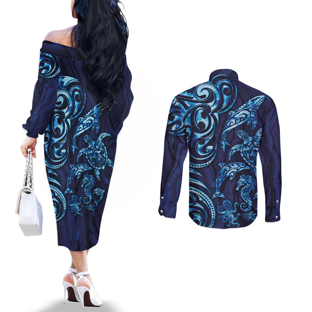 New Zealand Connecting with Seas Couples Matching Off The Shoulder Long Sleeve Dress and Long Sleeve Button Shirt Maori Tribal and Sea Animals Tattoo - Sea Texture Glass Style LT03 - Polynesian Pride