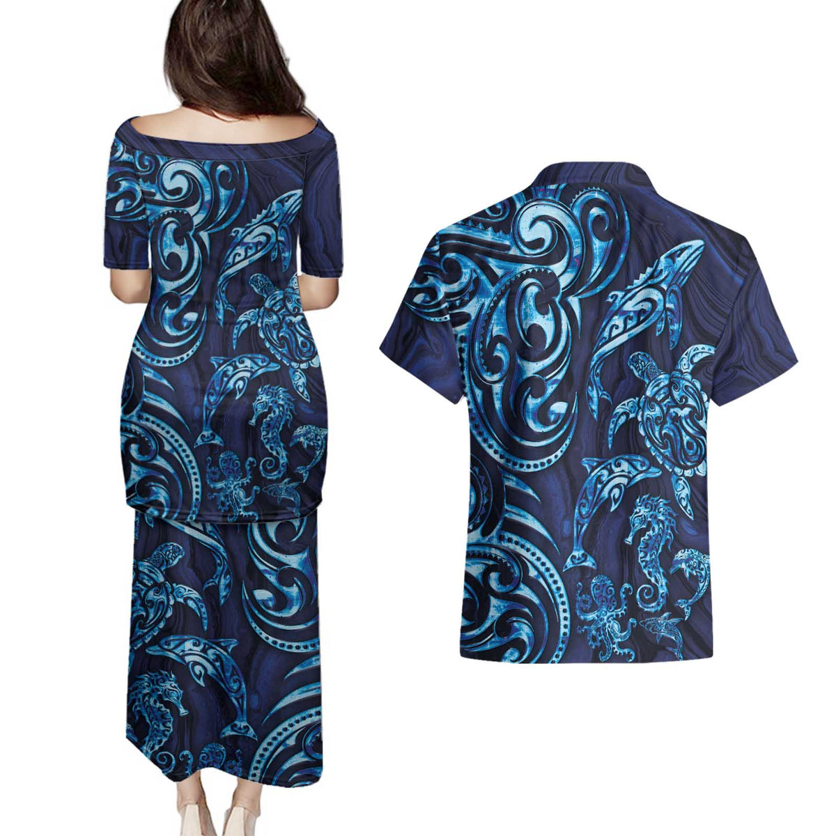 New Zealand Connecting with Seas Couples Matching Puletasi and Hawaiian Shirt Maori Tribal and Sea Animals Tattoo - Sea Texture Glass Style