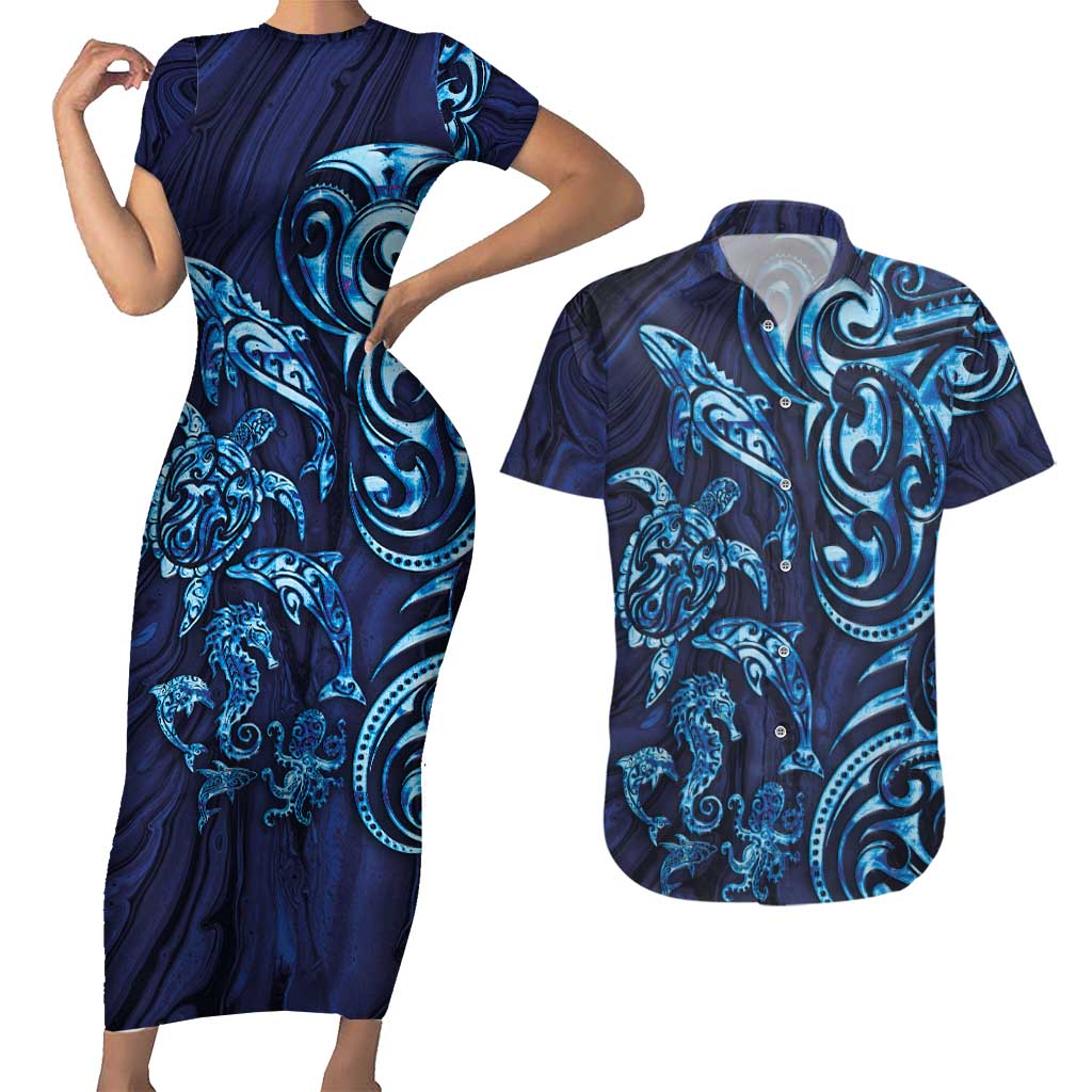 New Zealand Connecting with Seas Couples Matching Short Sleeve Bodycon Dress and Hawaiian Shirt Maori Tribal and Sea Animals Tattoo - Sea Texture Glass Style