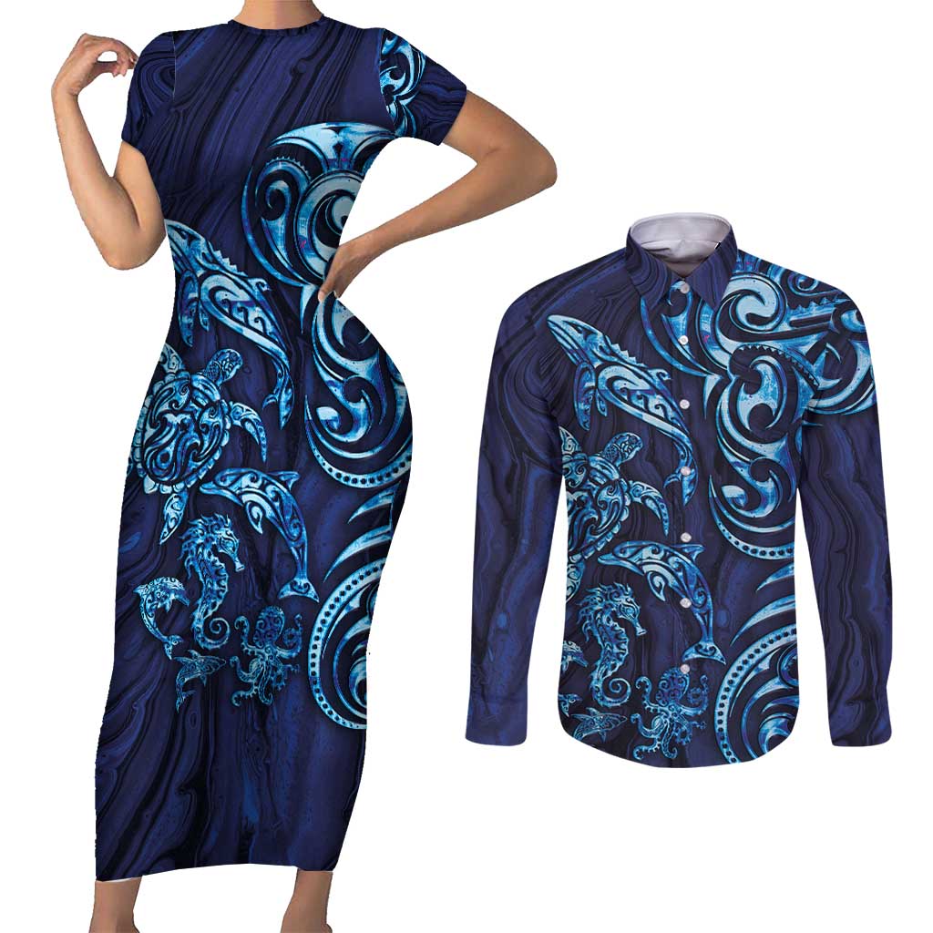 New Zealand Connecting with Seas Couples Matching Short Sleeve Bodycon Dress and Long Sleeve Button Shirt Maori Tribal and Sea Animals Tattoo - Sea Texture Glass Style LT03 Navy - Polynesian Pride