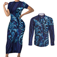 New Zealand Connecting with Seas Couples Matching Short Sleeve Bodycon Dress and Long Sleeve Button Shirt Maori Tribal and Sea Animals Tattoo - Sea Texture Glass Style LT03 Navy - Polynesian Pride