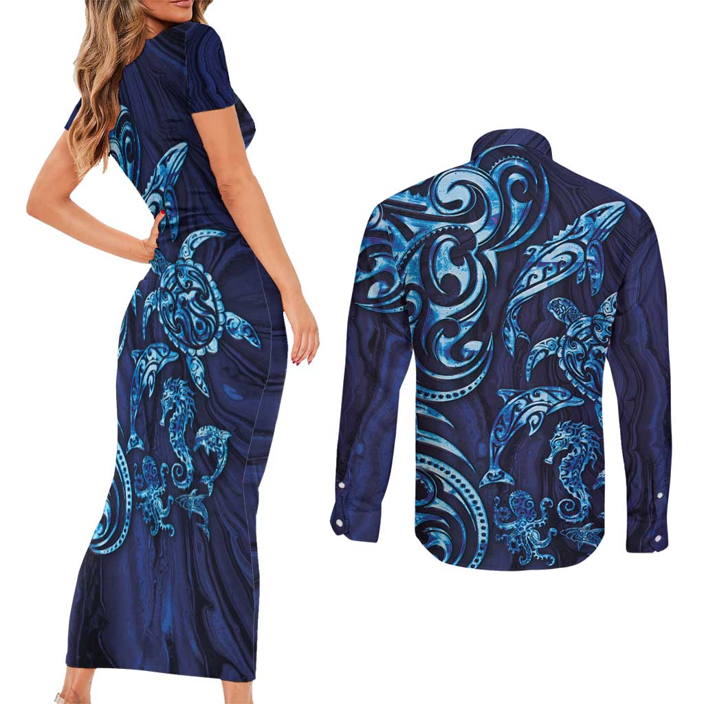 New Zealand Connecting with Seas Couples Matching Short Sleeve Bodycon Dress and Long Sleeve Button Shirt Maori Tribal and Sea Animals Tattoo - Sea Texture Glass Style LT03 - Polynesian Pride