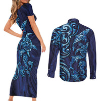 New Zealand Connecting with Seas Couples Matching Short Sleeve Bodycon Dress and Long Sleeve Button Shirt Maori Tribal and Sea Animals Tattoo - Sea Texture Glass Style LT03 - Polynesian Pride