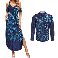 New Zealand Connecting with Seas Couples Matching Summer Maxi Dress and Long Sleeve Button Shirt Maori Tribal and Sea Animals Tattoo - Sea Texture Glass Style