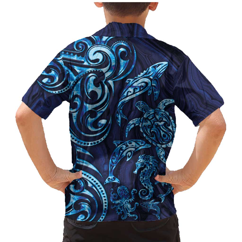 New Zealand Connecting with Seas Family Matching Mermaid Dress and Hawaiian Shirt Maori Tribal and Sea Animals Tattoo - Sea Texture Glass Style