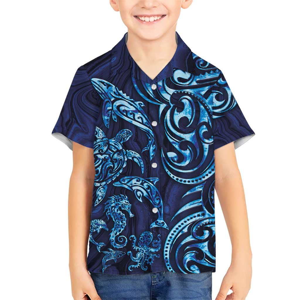 New Zealand Connecting with Seas Family Matching Tank Maxi Dress and Hawaiian Shirt Maori Tribal and Sea Animals Tattoo - Sea Texture Glass Style