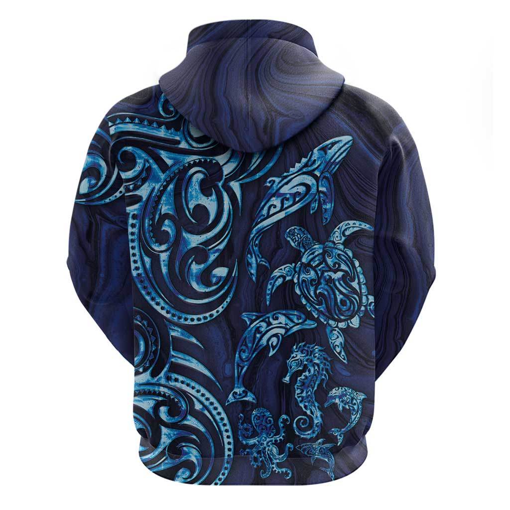 New Zealand Connecting with Seas Hoodie Maori Tribal and Sea Animals Tattoo - Sea Texture Glass Style
