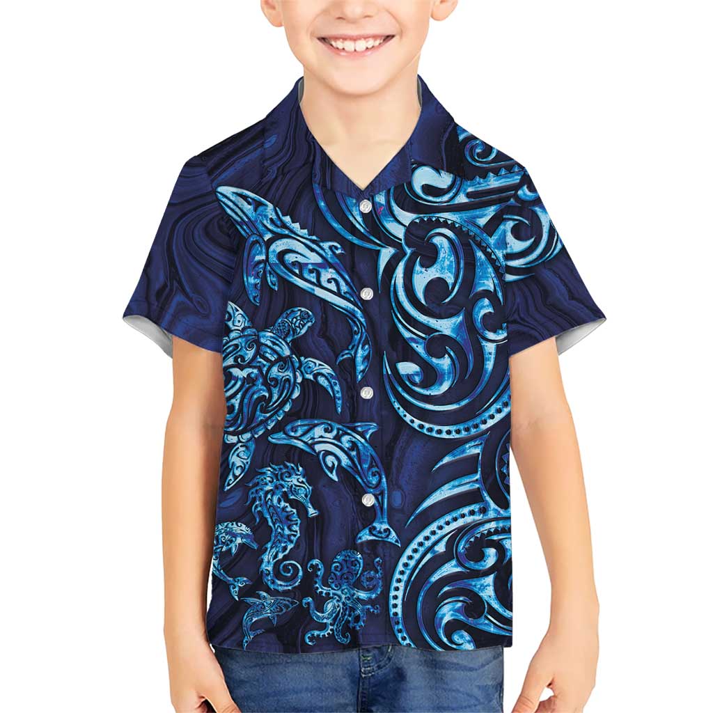 New Zealand Connecting with Seas Kid Hawaiian Shirt Maori Tribal and Sea Animals Tattoo - Sea Texture Glass Style