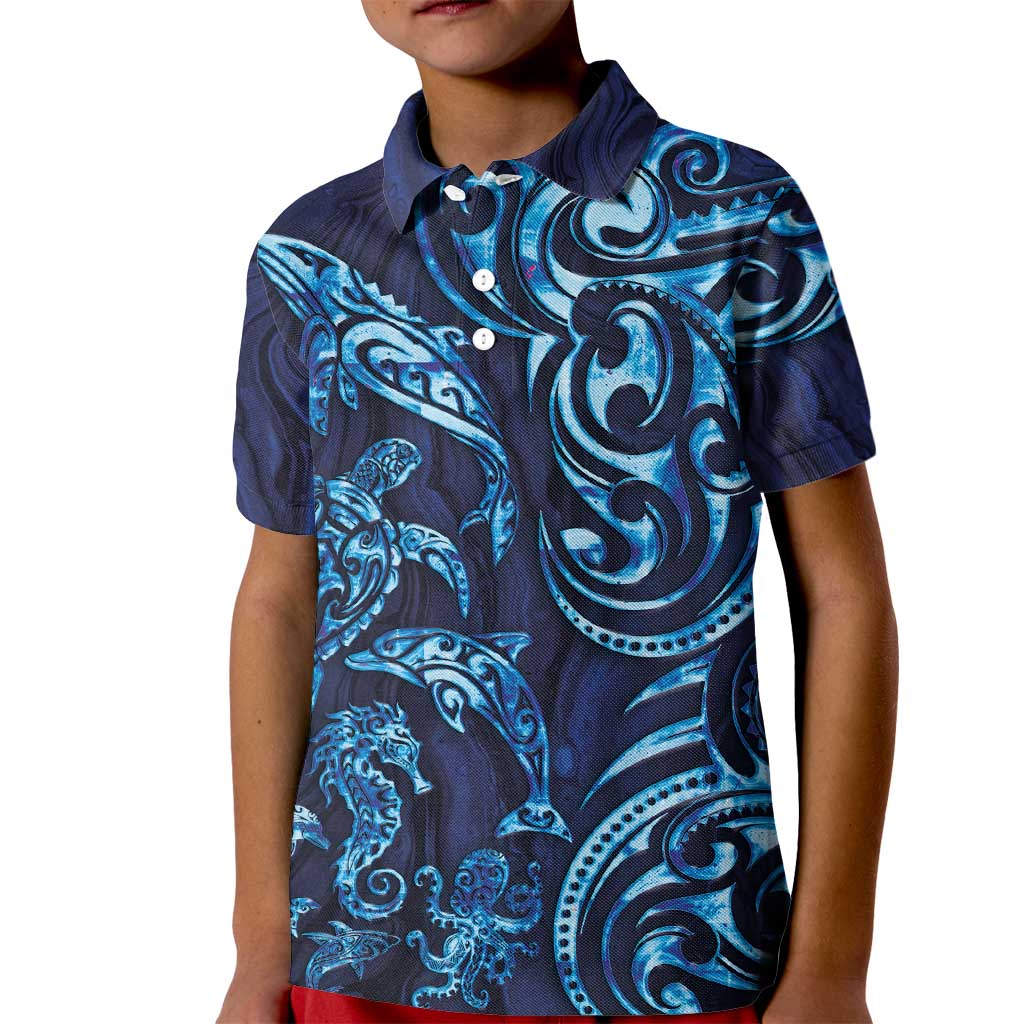 New Zealand Connecting with Seas Kid Polo Shirt Maori Tribal and Sea Animals Tattoo - Sea Texture Glass Style