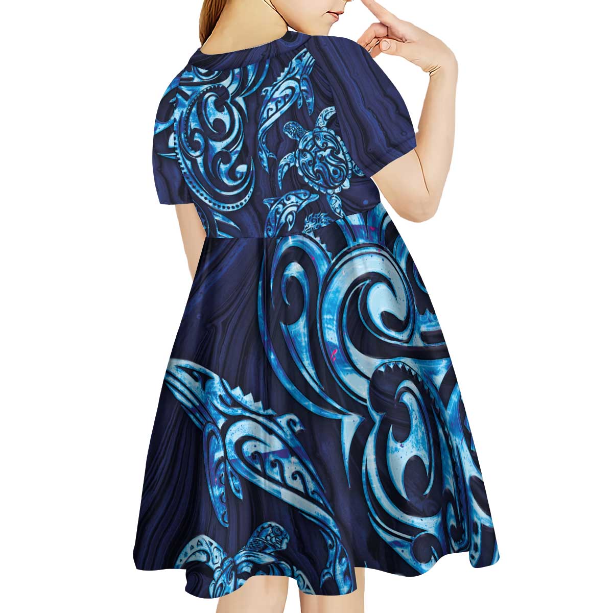 New Zealand Connecting with Seas Kid Short Sleeve Dress Maori Tribal and Sea Animals Tattoo - Sea Texture Glass Style
