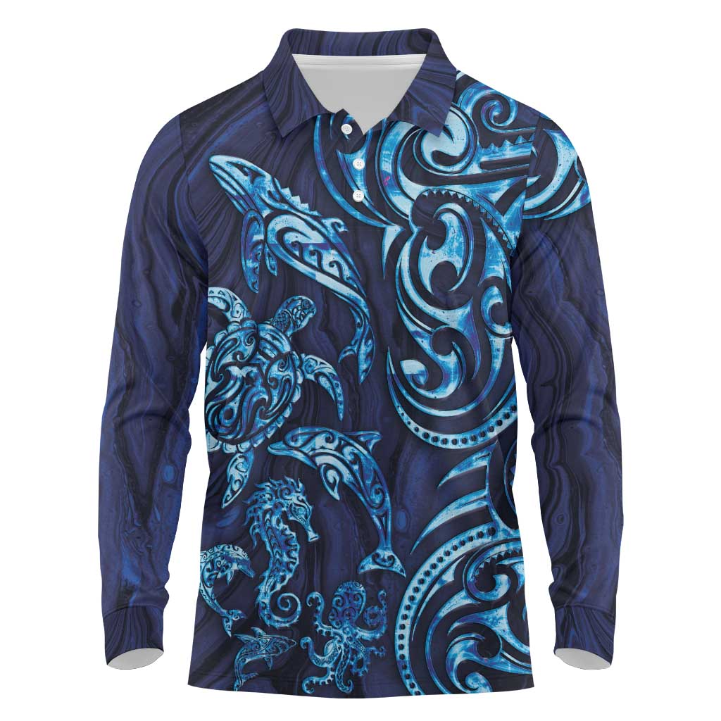 New Zealand Connecting with Seas Long Sleeve Polo Shirt Maori Tribal and Sea Animals Tattoo - Sea Texture Glass Style