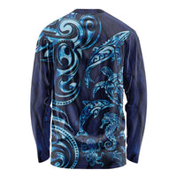 New Zealand Connecting with Seas Long Sleeve Shirt Maori Tribal and Sea Animals Tattoo - Sea Texture Glass Style