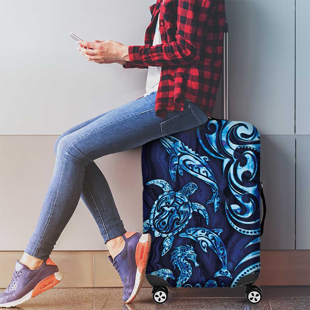 New Zealand Connecting with Seas Luggage Cover Maori Tribal and Sea Animals Tattoo - Sea Texture Glass Style
