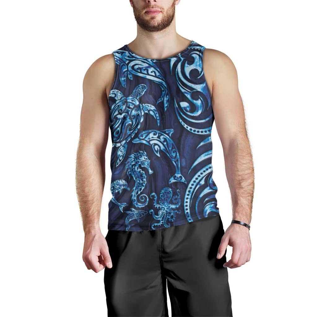 New Zealand Connecting with Seas Men Tank Top Maori Tribal and Sea Animals Tattoo - Sea Texture Glass Style