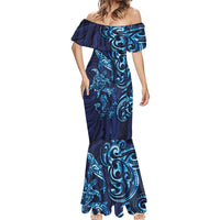 New Zealand Connecting with Seas Mermaid Dress Maori Tribal and Sea Animals Tattoo - Sea Texture Glass Style