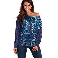 New Zealand Connecting with Seas Off Shoulder Sweater Maori Tribal and Sea Animals Tattoo - Sea Texture Glass Style