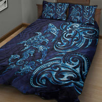New Zealand Connecting with Seas Quilt Bed Set Maori Tribal and Sea Animals Tattoo - Sea Texture Glass Style