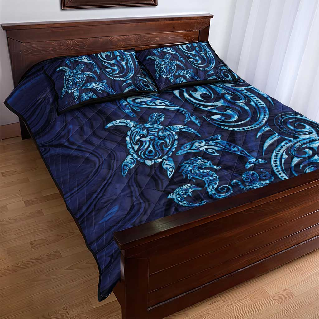New Zealand Connecting with Seas Quilt Bed Set Maori Tribal and Sea Animals Tattoo - Sea Texture Glass Style