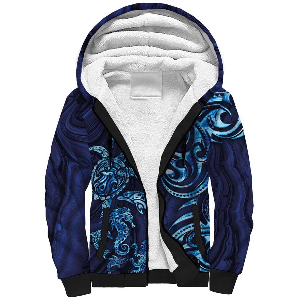 New Zealand Connecting with Seas Sherpa Hoodie Maori Tribal and Sea Animals Tattoo - Sea Texture Glass Style