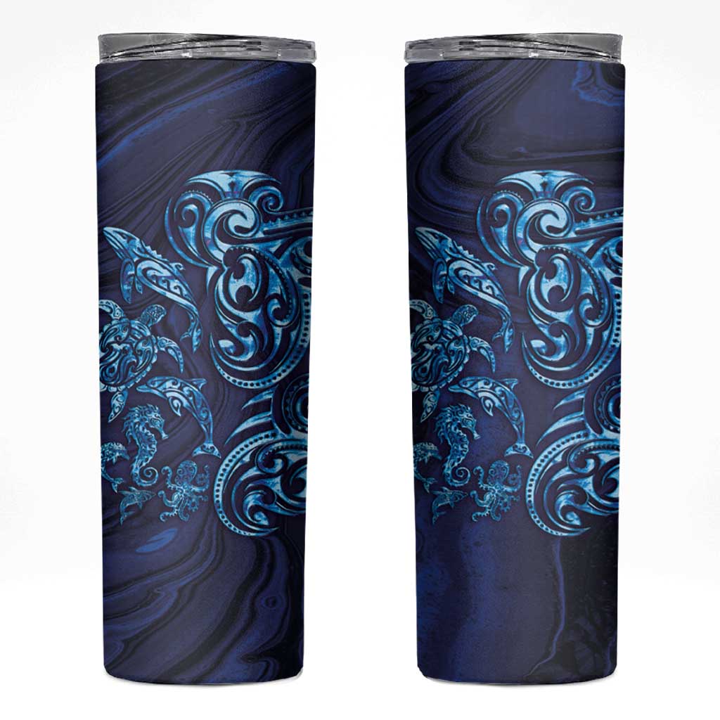 New Zealand Connecting with Seas Skinny Tumbler Maori Tribal and Sea Animals Tattoo - Sea Texture Glass Style