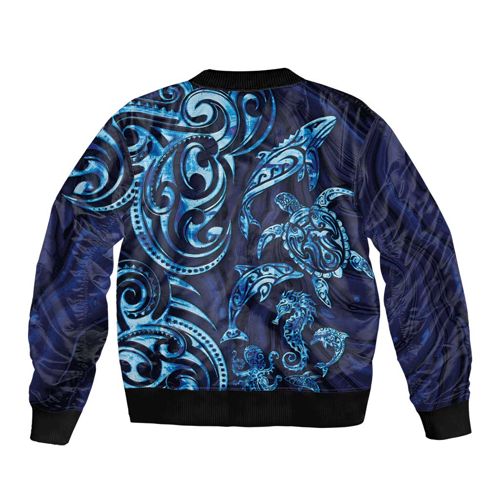 New Zealand Connecting with Seas Sleeve Zip Bomber Jacket Maori Tribal and Sea Animals Tattoo - Sea Texture Glass Style
