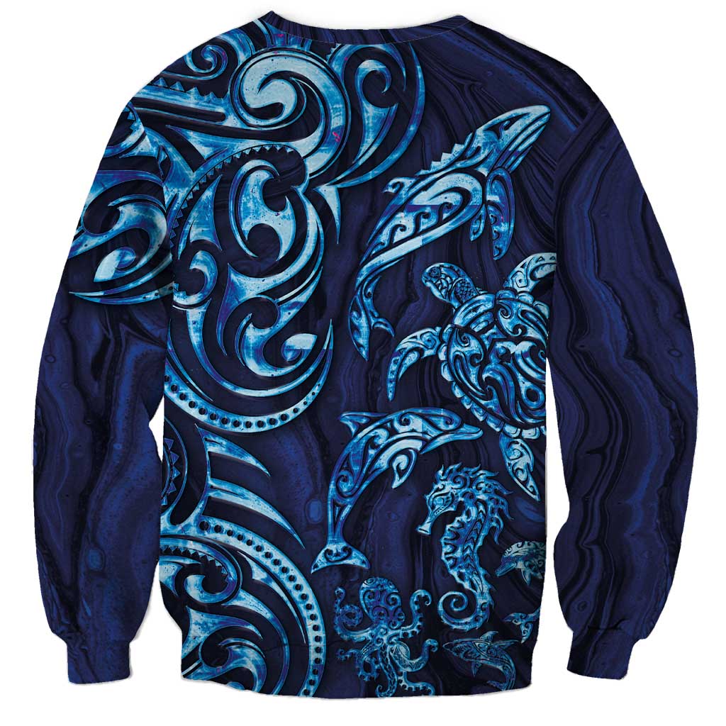 New Zealand Connecting with Seas Sweatshirt Maori Tribal and Sea Animals Tattoo - Sea Texture Glass Style