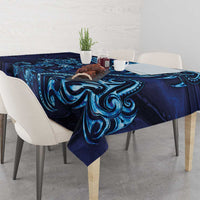 New Zealand Connecting with Seas Tablecloth Maori Tribal and Sea Animals Tattoo - Sea Texture Glass Style