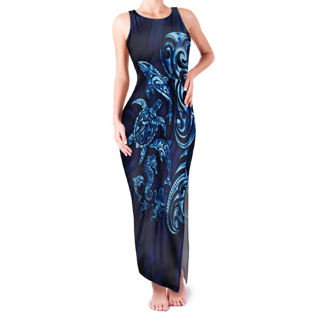 New Zealand Connecting with Seas Tank Maxi Dress Maori Tribal and Sea Animals Tattoo - Sea Texture Glass Style