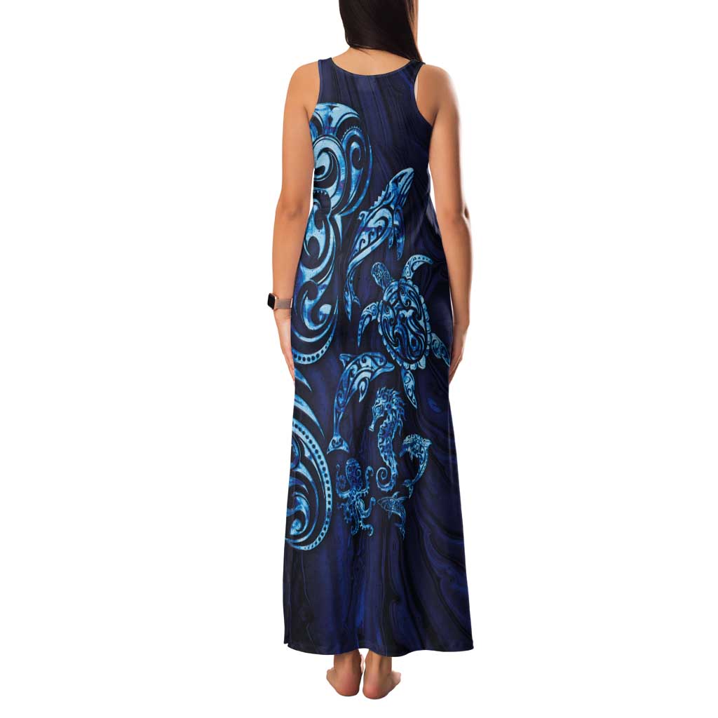New Zealand Connecting with Seas Tank Maxi Dress Maori Tribal and Sea Animals Tattoo - Sea Texture Glass Style