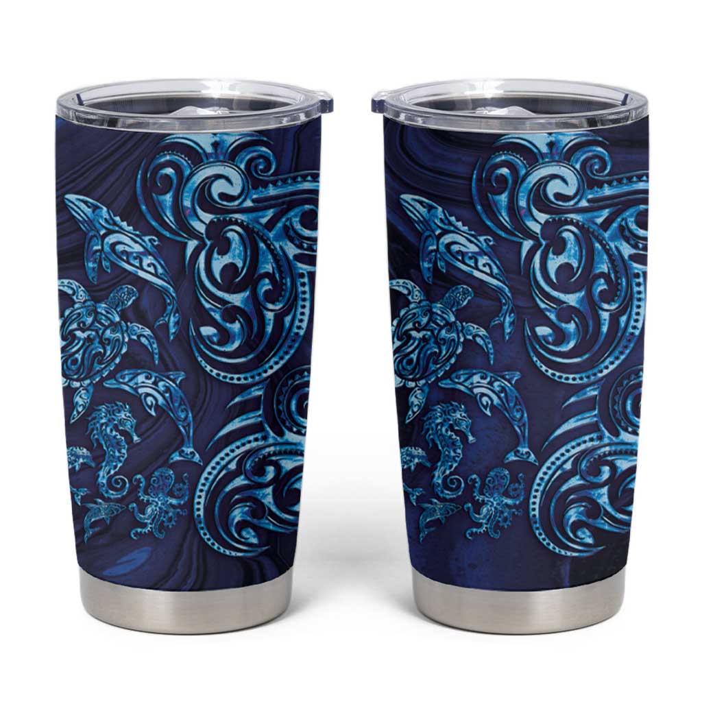 New Zealand Connecting with Seas Tumbler Cup Maori Tribal and Sea Animals Tattoo - Sea Texture Glass Style