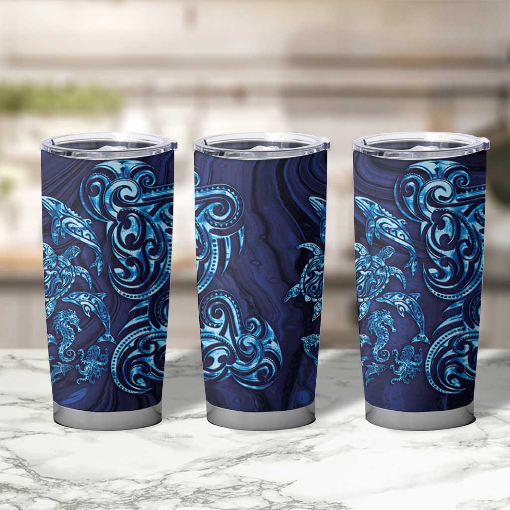 New Zealand Connecting with Seas Tumbler Cup Maori Tribal and Sea Animals Tattoo - Sea Texture Glass Style