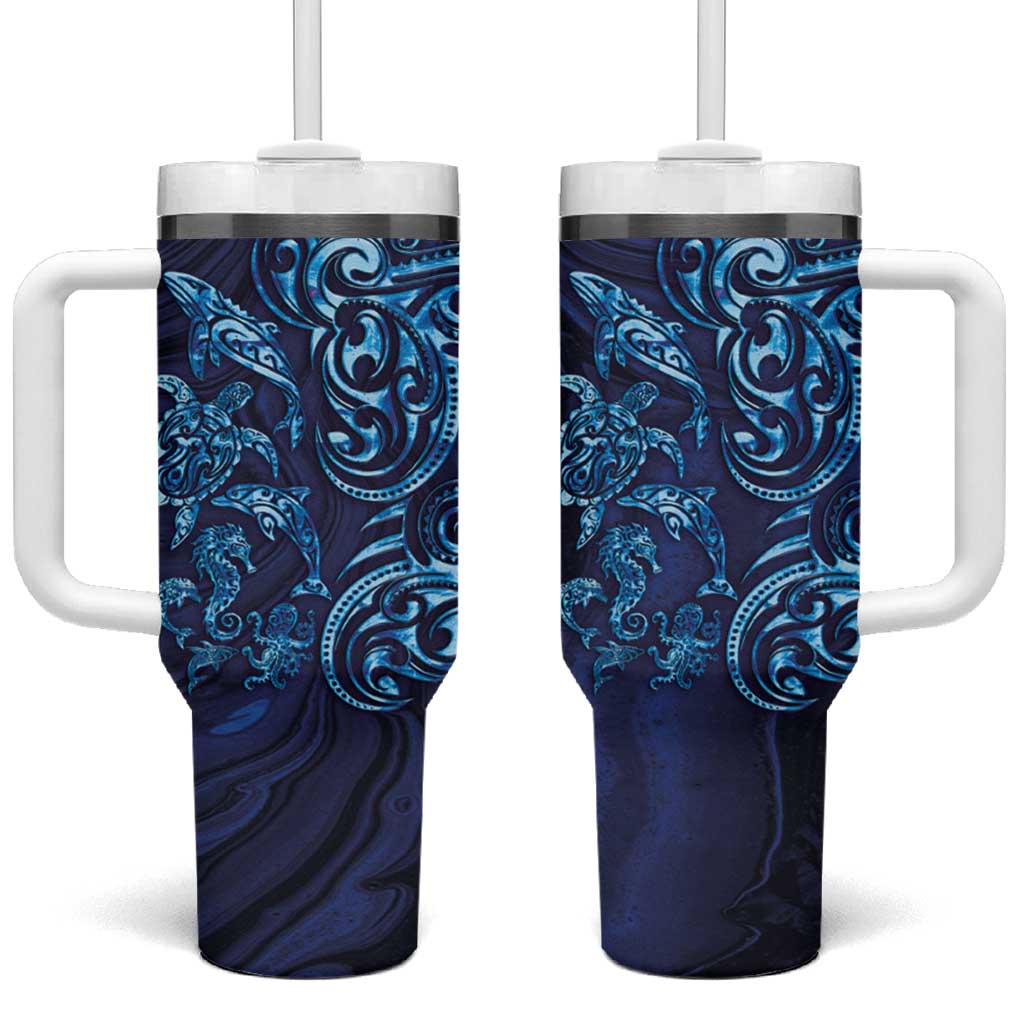 New Zealand Connecting with Seas Tumbler With Handle Maori Tribal and Sea Animals Tattoo - Sea Texture Glass Style
