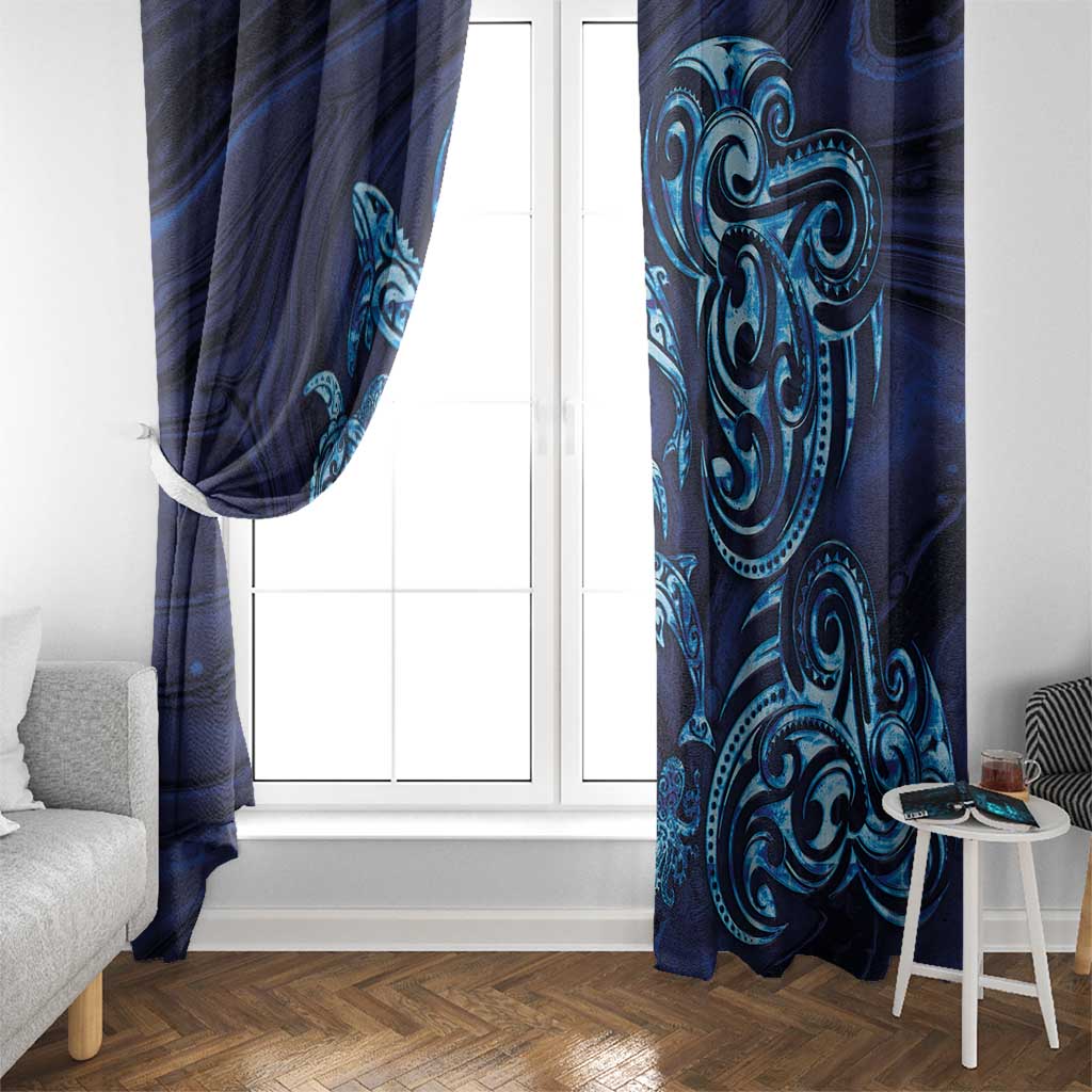 New Zealand Connecting with Seas Window Curtain Maori Tribal and Sea Animals Tattoo - Sea Texture Glass Style