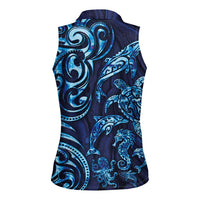 New Zealand Connecting with Seas Women Sleeveless Polo Shirt Maori Tribal and Sea Animals Tattoo - Sea Texture Glass Style
