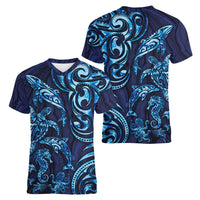 New Zealand Connecting with Seas Women V-Neck T-Shirt Maori Tribal and Sea Animals Tattoo - Sea Texture Glass Style