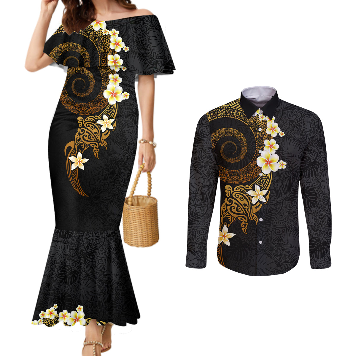Polynesian Spiral Tribal Tattoo Couples Matching Mermaid Dress and Long Sleeve Button Shirt Golden Color