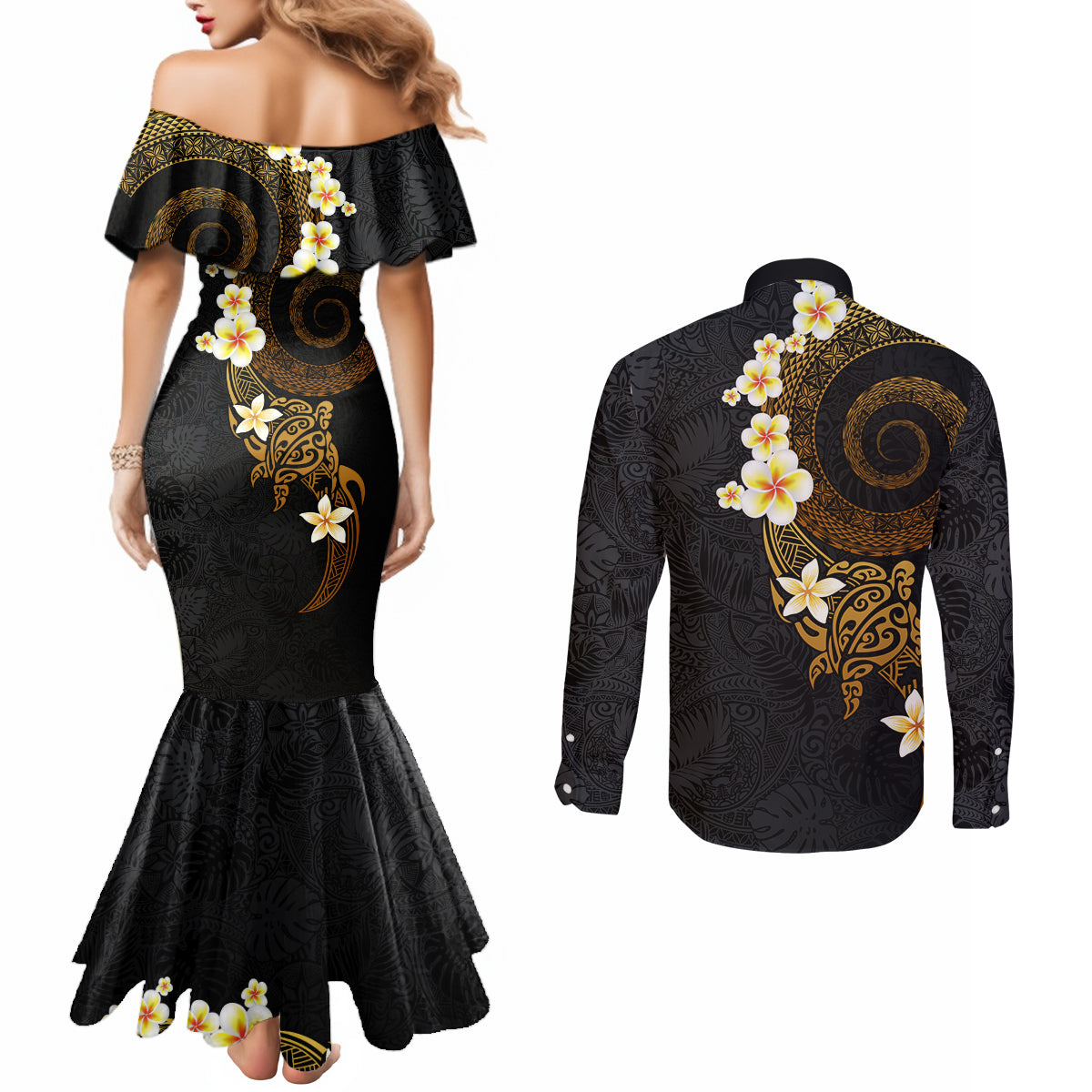 Polynesian Spiral Tribal Tattoo Couples Matching Mermaid Dress and Long Sleeve Button Shirt Golden Color