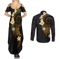 Polynesian Spiral Tribal Tattoo Couples Matching Summer Maxi Dress and Long Sleeve Button Shirt Golden Color