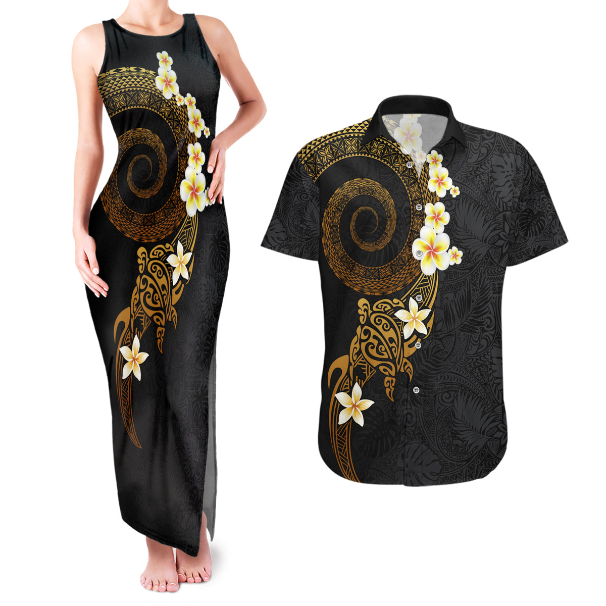 Polynesian Spiral Tribal Tattoo Couples Matching Tank Maxi Dress and Hawaiian Shirt Golden Color