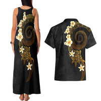 Polynesian Spiral Tribal Tattoo Couples Matching Tank Maxi Dress and Hawaiian Shirt Golden Color