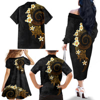 Polynesian Spiral Tribal Tattoo Family Matching Off The Shoulder Long Sleeve Dress and Hawaiian Shirt Golden Color