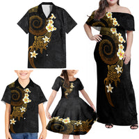 Polynesian Spiral Tribal Tattoo Family Matching Off Shoulder Maxi Dress and Hawaiian Shirt Golden Color
