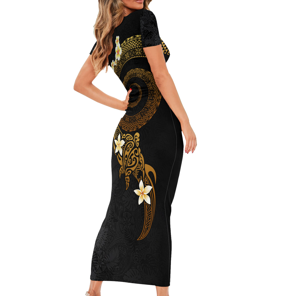 Polynesian Spiral Tribal Tattoo Family Matching Short Sleeve Bodycon Dress and Hawaiian Shirt Golden Color