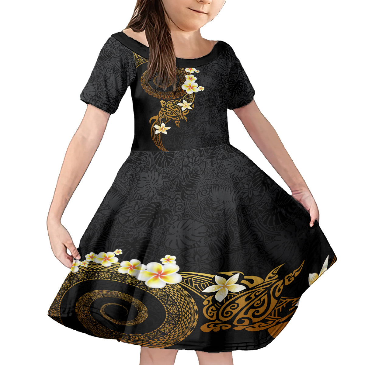 Polynesian Spiral Tribal Tattoo Kid Short Sleeve Dress Golden Color LT03 KID Yellow - Polynesian Pride
