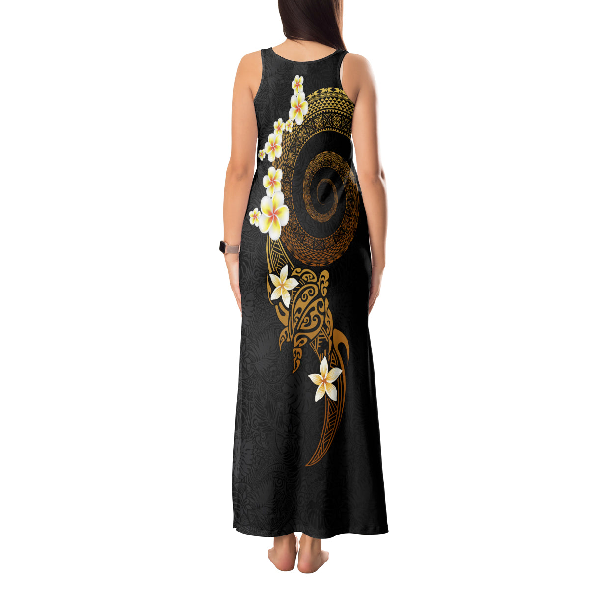 Polynesian Spiral Tribal Tattoo Tank Maxi Dress Golden Color