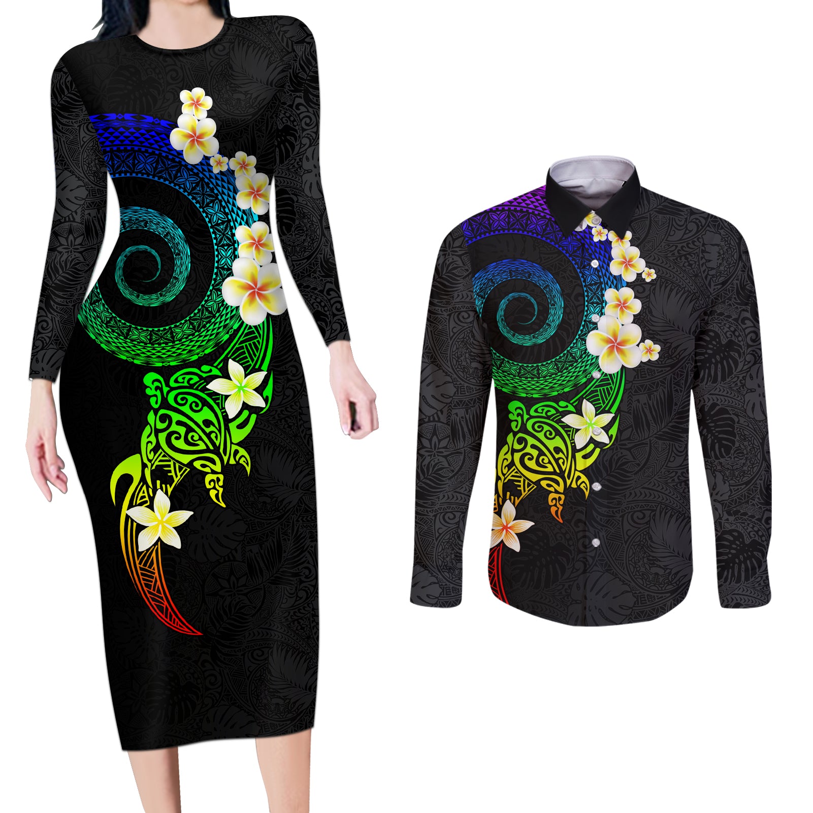 Polynesian Spiral Tribal Tattoo Couples Matching Long Sleeve Bodycon Dress and Long Sleeve Button Shirt Fanciful Color
