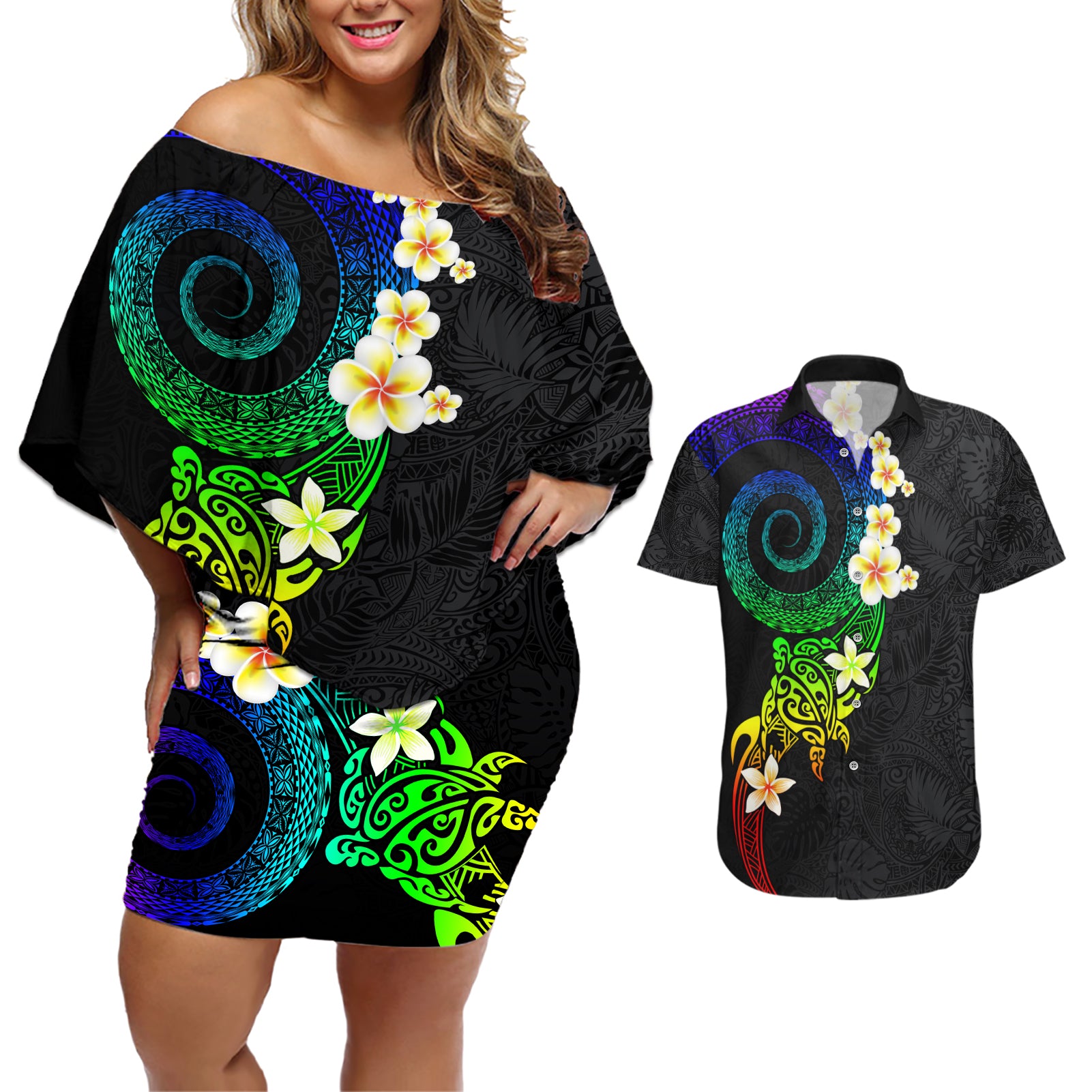 Polynesian Spiral Tribal Tattoo Couples Matching Off Shoulder Short Dress and Hawaiian Shirt Fanciful Color