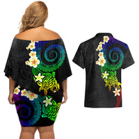 Polynesian Spiral Tribal Tattoo Couples Matching Off Shoulder Short Dress and Hawaiian Shirt Fanciful Color