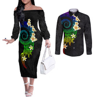 Polynesian Spiral Tribal Tattoo Couples Matching Off The Shoulder Long Sleeve Dress and Long Sleeve Button Shirt Fanciful Color